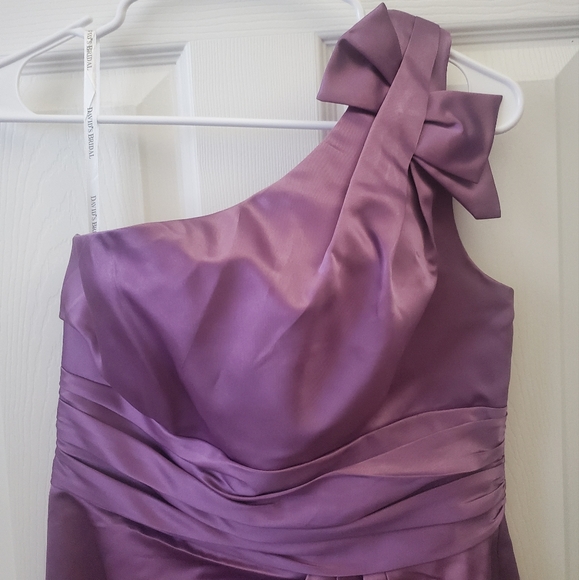 David's Bridal Bridesmaid One Shoulder Lavender Dress - Picture 3 of 6